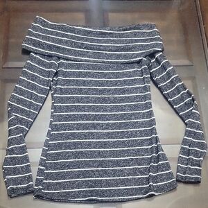 Vici Off-Shoulder Charcoal Striped Sweater